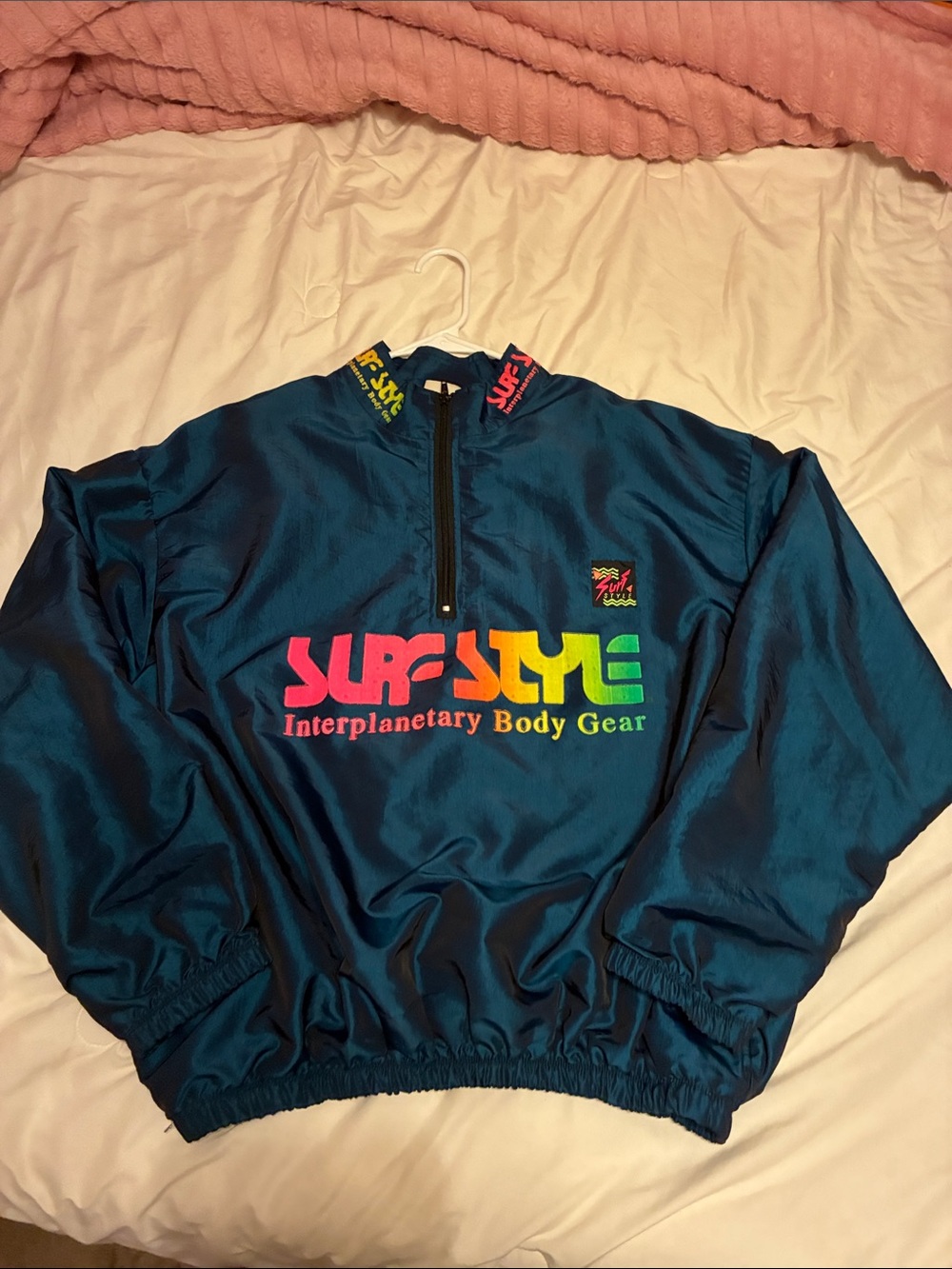surf style Teal Zip-Up Windbreaker with Neon Logo